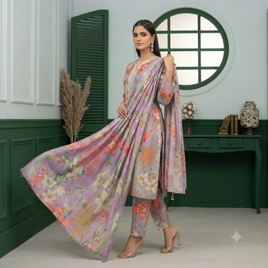 3PC Digital Printed Lawn Collection With Embroided Neck Line And Daman NSC-1058