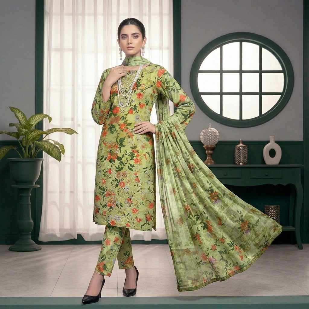 3PC Digital Printed Lawn Collection With Embroided Neck Line And Daman NSC-1059