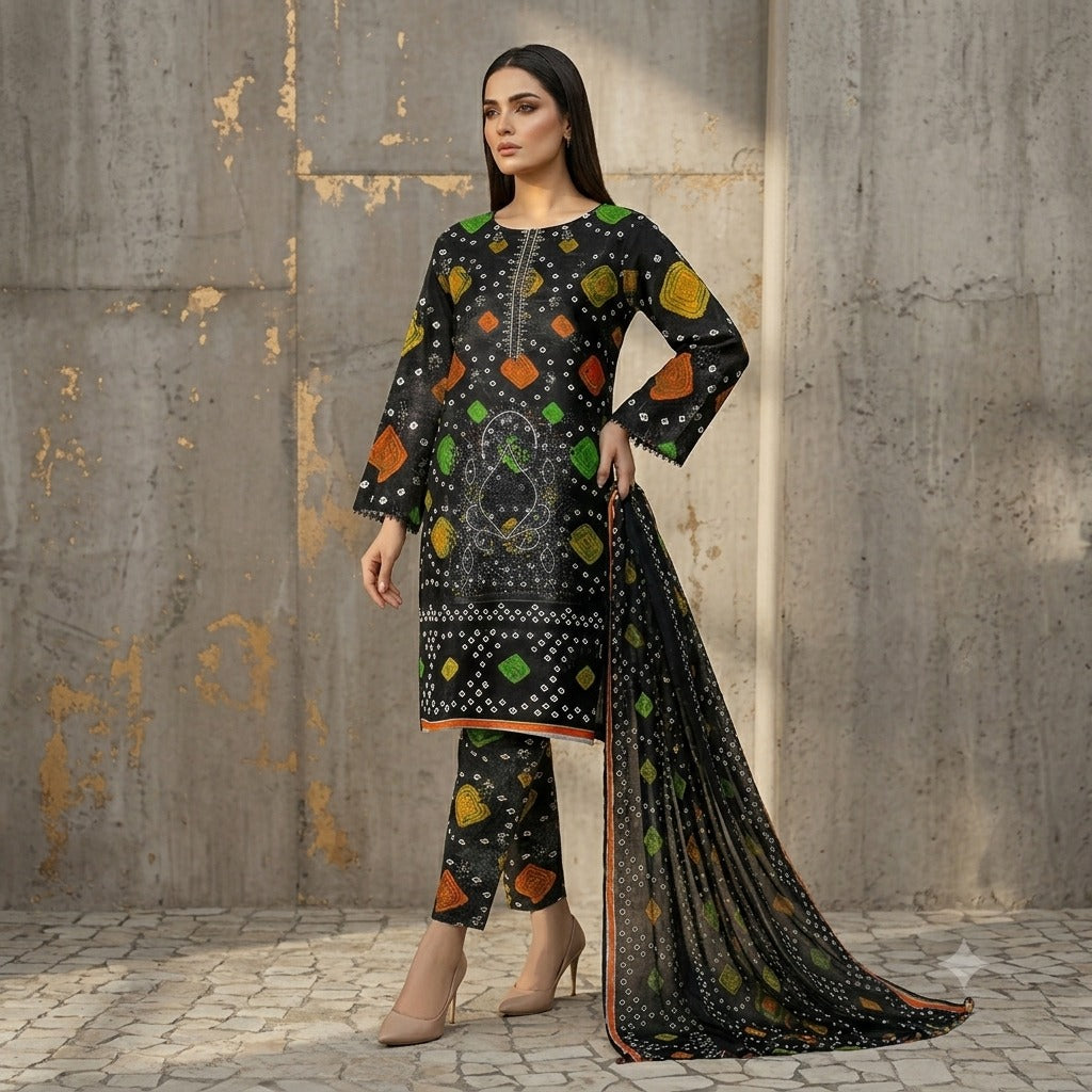 3PC Digital Printed Lawn Collection With Embroided Neck Line And Daman NSC-1064