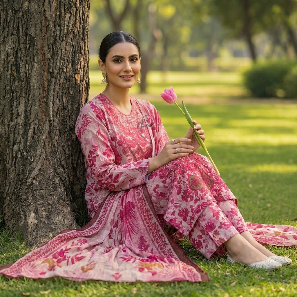 3PC Digital Printed Lawn Collection With Embroided Neck Line And Daman NSC-1054