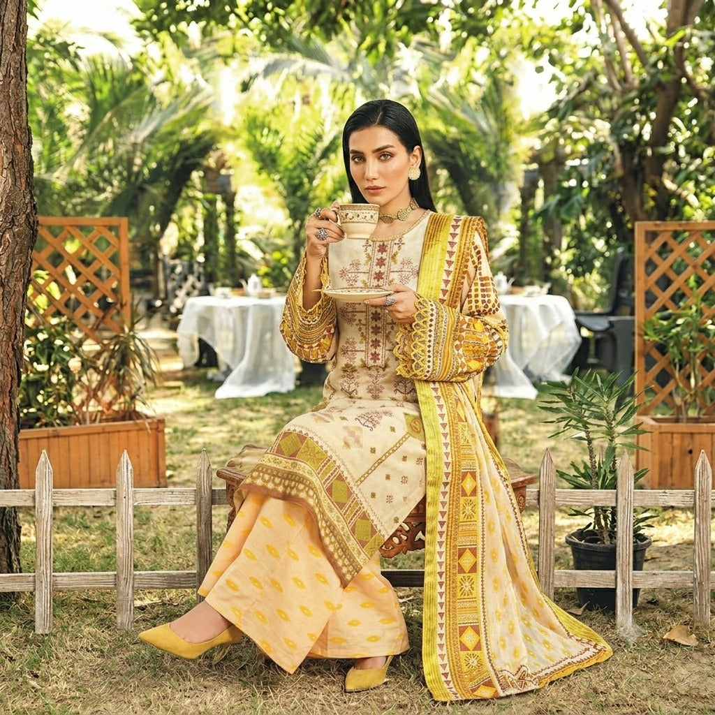 3PC Digital Printed Lawn Collection With Embroided Neck Line And Daman NSC-1055