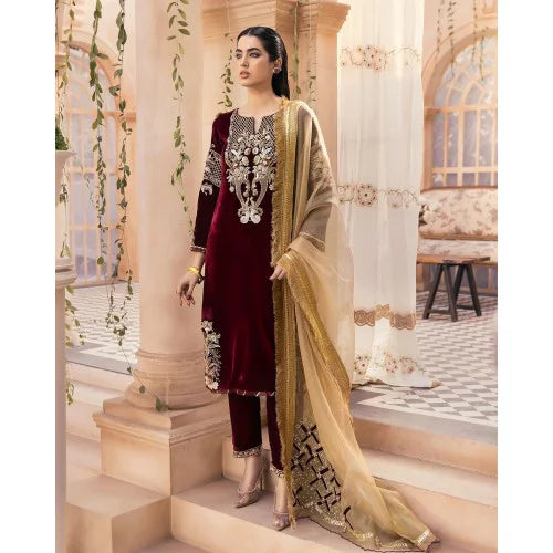 3PCS Embroidered Velvet Dress with Embroidered Organza Velvet Winter Collection 3305