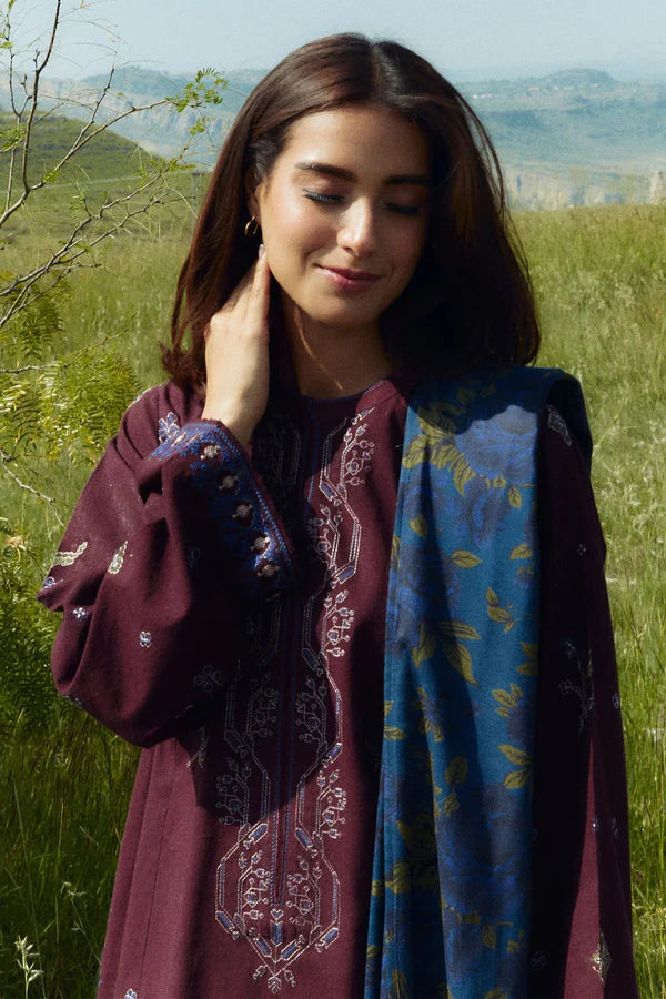 A+ 3PCS ZARA SHAHJAHAN Dhanak Embroidered Shirt With Digital Printed Shawl Winter Collection ULM-274