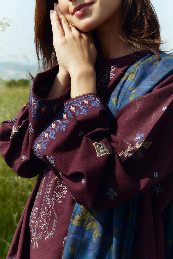 A+ 3PCS ZARA SHAHJAHAN Dhanak Embroidered Shirt With Digital Printed Shawl Winter Collection ULM-274