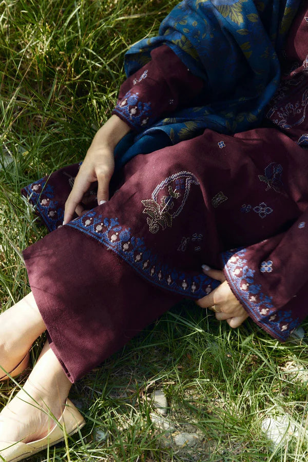 A+ 3PCS ZARA SHAHJAHAN Dhanak Embroidered Shirt With Digital Printed Shawl Winter Collection ULM-274