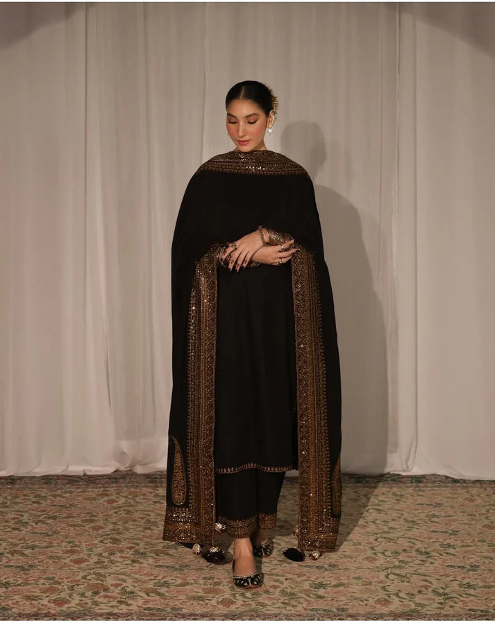 3PCS Dhanak Embroidered Shirt with Organza Sequins Embroidered Dupatta Winter Collection ULM- 3373