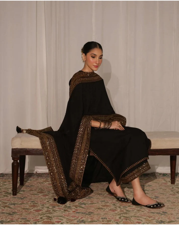 3PCS Dhanak Embroidered Shirt with Organza Sequins Embroidered Dupatta Winter Collection ULM- 3373