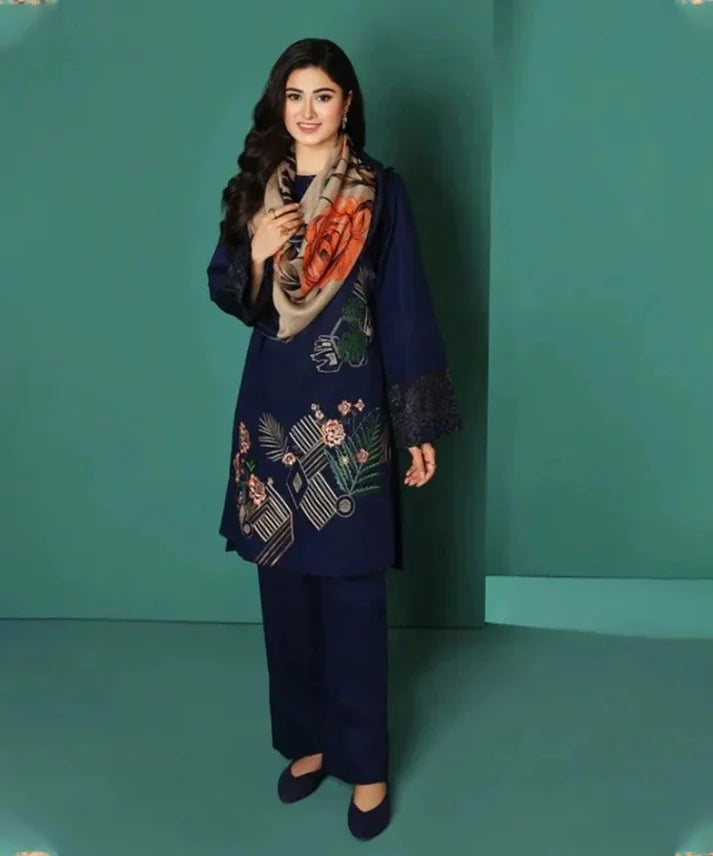 A+ 3PCS Dhanak-Embroidered Shirt with Digital Printed Wool Shawl Winter Collection ULM- 3208