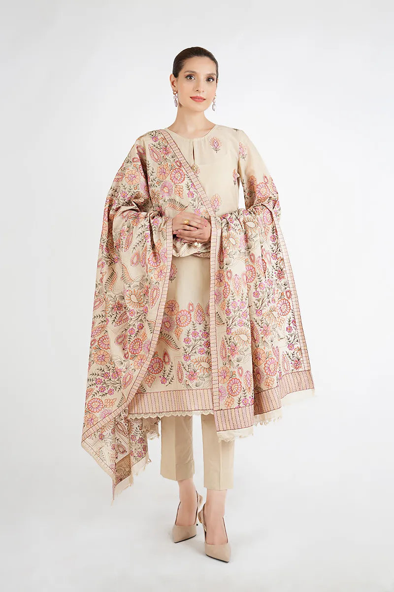 3PCS Dhanak Embroidered Shirt with Dhanak Embroidered Shawl Winter Collection ULM-3399