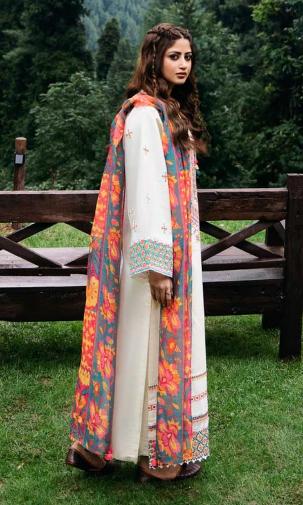 Dhanak-3PC Embroidered Shirt with Digital Printed Wool Shawl - 255