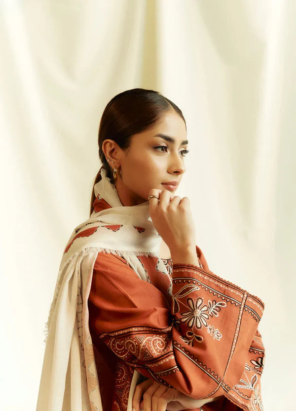 A+ 3PCS ZARA SHAHJAHAN Dhanak Embroidered Shirt With Digital Printed Shawl Winter Collection ULM-280