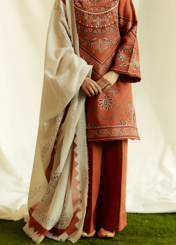 A+ 3PCS ZARA SHAHJAHAN Dhanak Embroidered Shirt With Digital Printed Shawl Winter Collection ULM-280