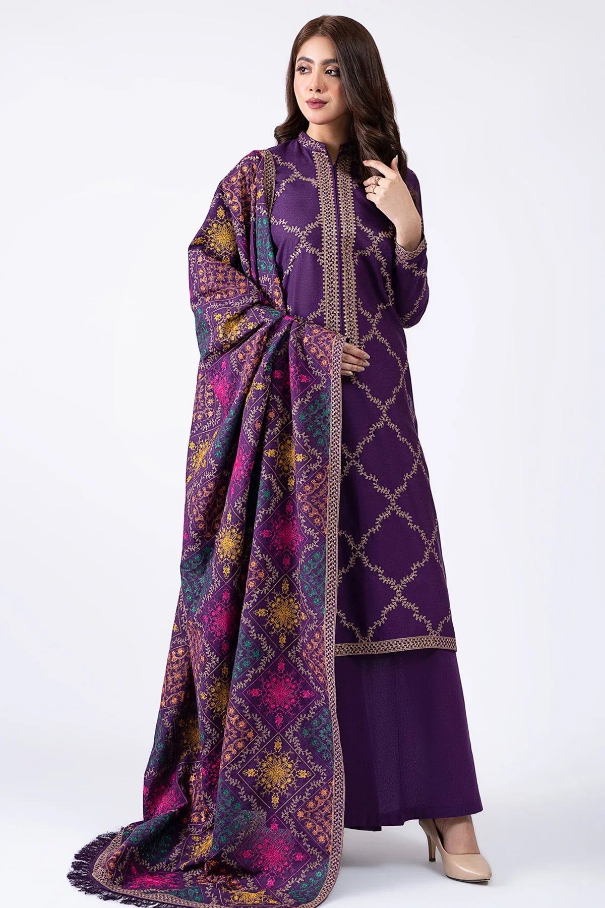 3PCS KAYSERIA DHANAK EMBROIDERED WITH DHANAK EMBROIDERED SHAWL Winter Collection ULM-102