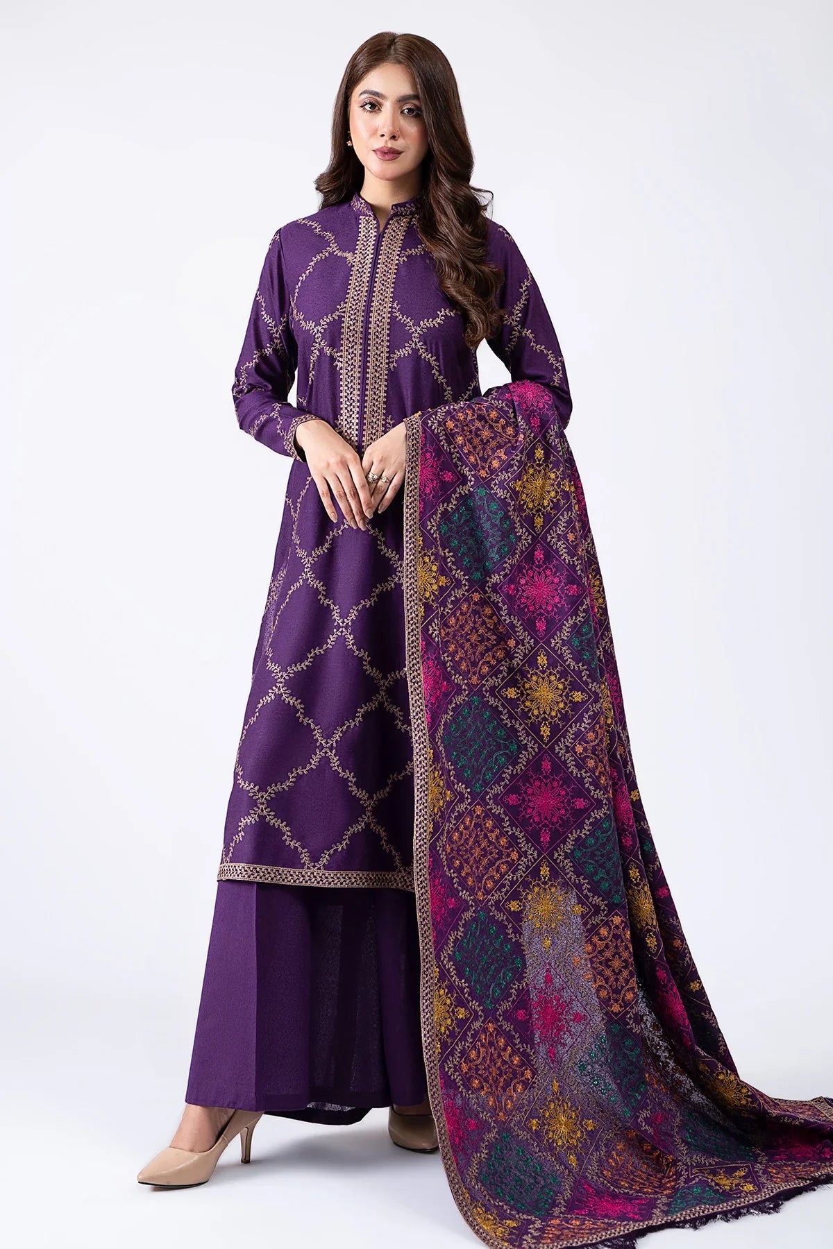 3PCS KAYSERIA DHANAK EMBROIDERED WITH DHANAK EMBROIDERED SHAWL Winter Collection ULM-102