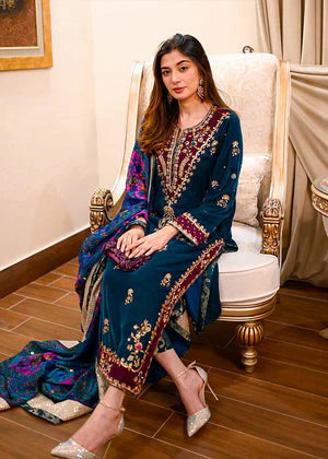 3PCS Embroidered Velvet Dress with Wool Shawl Velvet Winter Collection 101