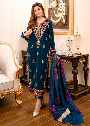 3PCS Embroidered Velvet Dress with Wool Shawl Velvet Winter Collection 101