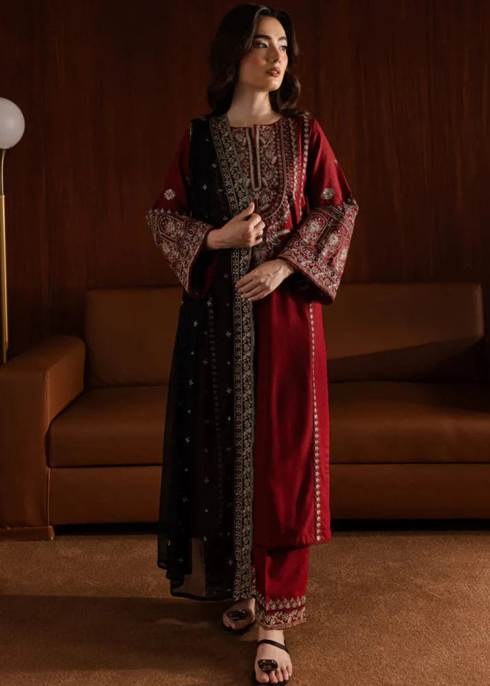 3PCS Dhanak Embroidered Shirt With Organza Sequence Embroidered Dupatta Winter Collection ULM-3351