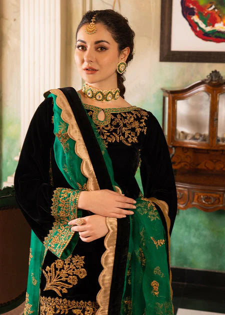 3PCS Embroidered Velvet Suit Embroidered Organza Dupatta Velvet Winter Collection 953