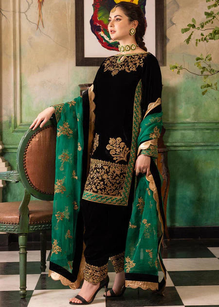 3PCS Embroidered Velvet Suit Embroidered Organza Dupatta Velvet Winter Collection 953