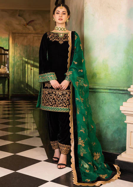 3PCS Embroidered Velvet Suit Embroidered Organza Dupatta Velvet Winter Collection 953