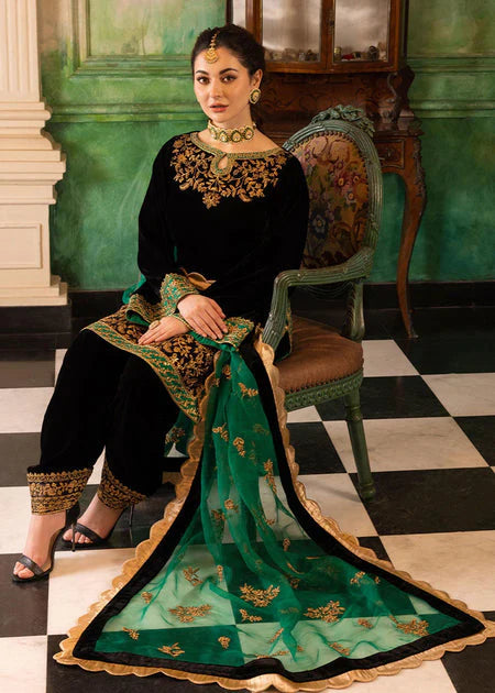 3PCS Embroidered Velvet Suit Embroidered Organza Dupatta Velvet Winter Collection 953