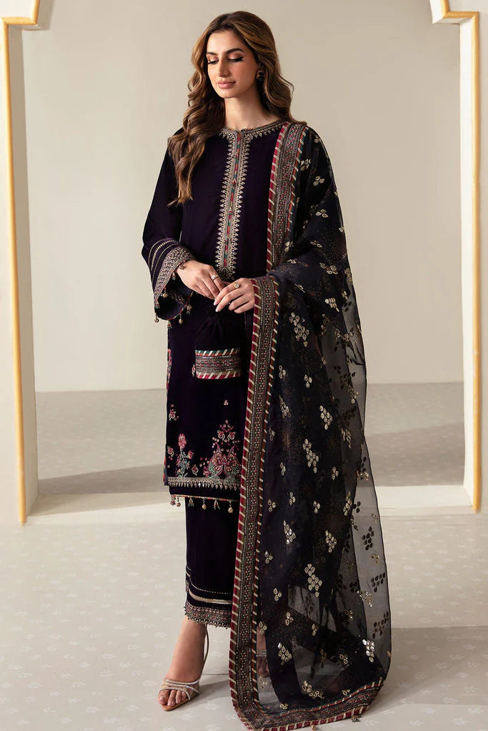 3PCS Embroidered Velvet Suit Embroidered Organza Dupatta Velvet Winter Collection 952