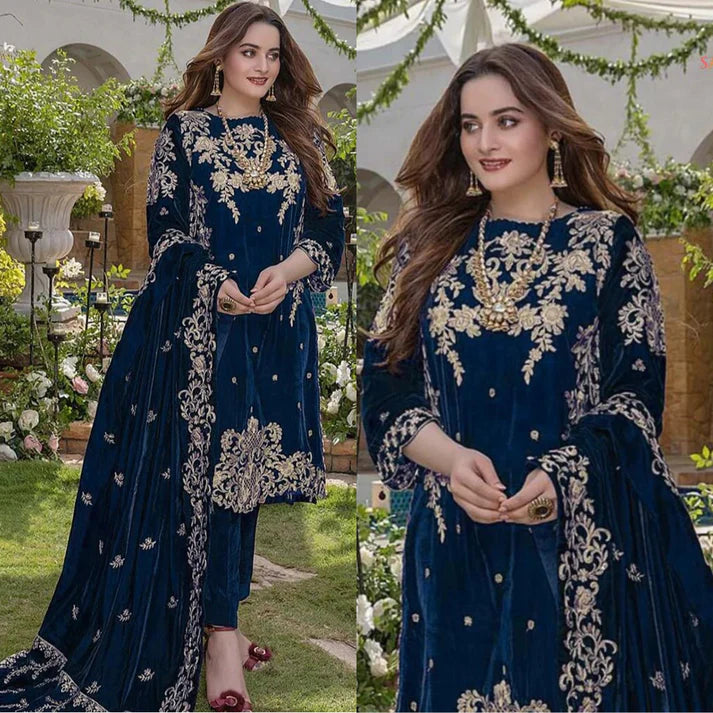 3PCS Embroidered Velvet With Velvet Shawl Velvet Winter Collection 955