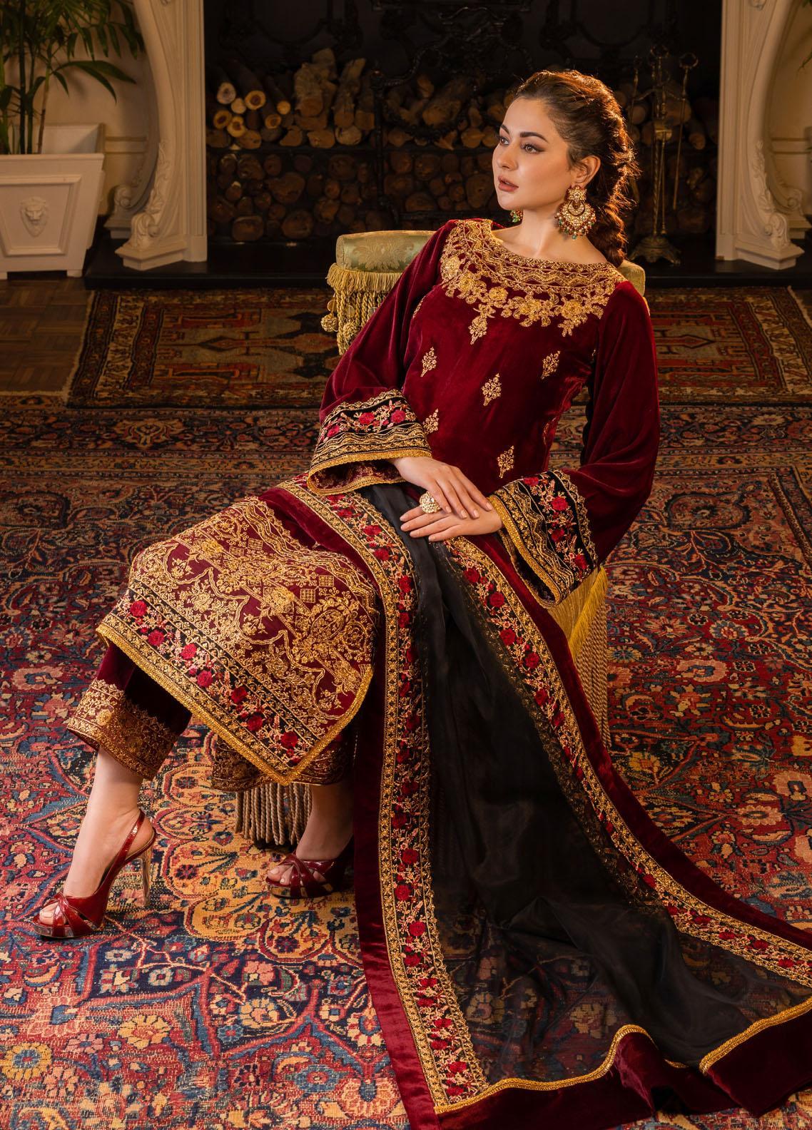 3PCS Velvet Embroidered Shirt With Organza Embroidered Dupatta Velvet Winter Collection 617