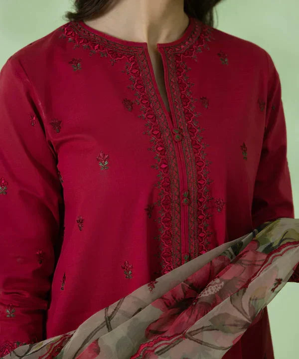 Dhanak-3PC Embroidered Shirt with Organza Digital Printed Dupatta- 3146