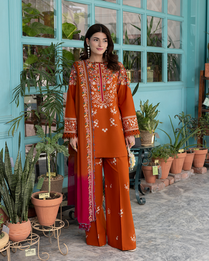 Dhanak-3PC Embroidered Shirt with Chiffon Embroidered Dupatta - 6399