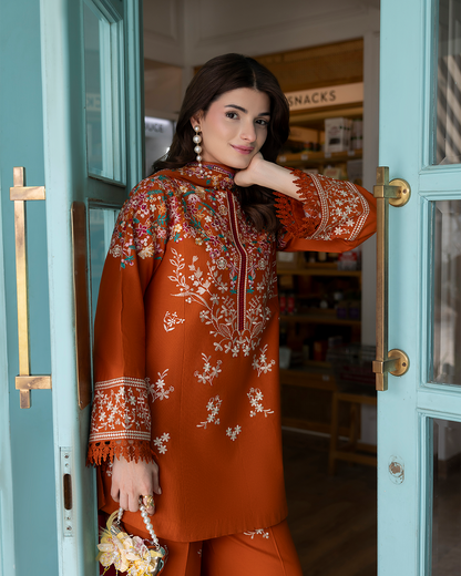 Dhanak-3PC Embroidered Shirt with Chiffon Embroidered Dupatta - 6399