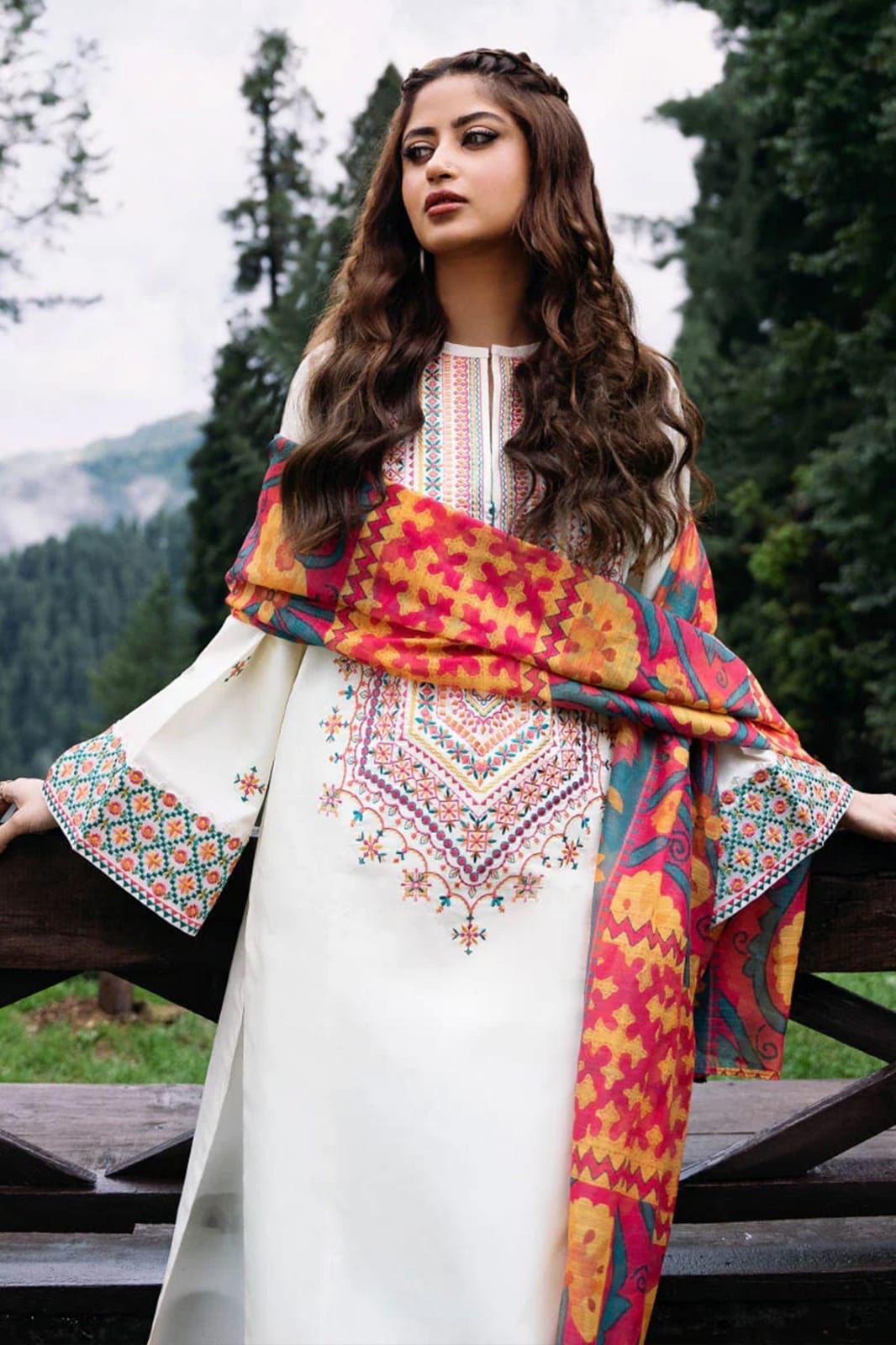 Dhanak-3PC Embroidered Shirt with Digital Printed Wool Shawl - 255