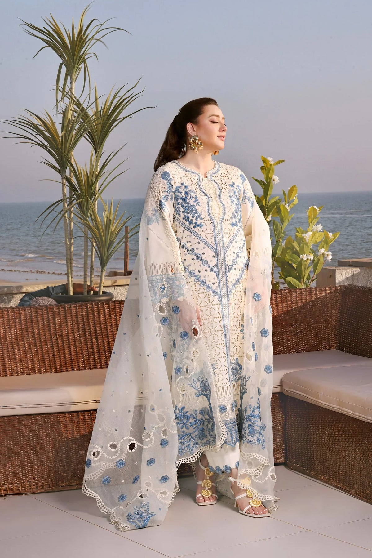 Dhanak-3PC Chikankari Embroidered Shirt with Khadi Net Embroidered Dupatta - 6335