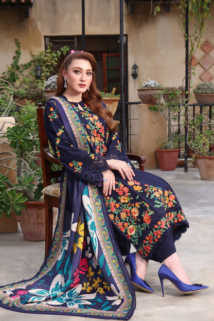 Dhanak-3PC Embroidered Shirt with Digital Printed Wool Shawl - 3545