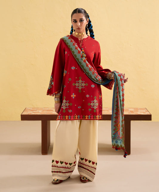 Dhanak-3PC Embroidered Shirt with Digital Printed Shawl - 3437