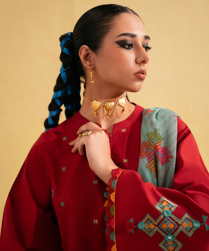 Dhanak-3PC Embroidered Shirt with Digital Printed Shawl - 3437