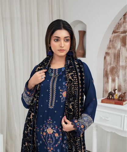 3PCS CREATION Dhanak Chikankari Embroidered Shirt With Velvet Plachi Shawl Winter Collection ULM- 2103