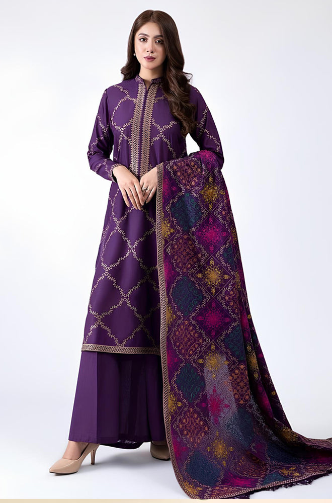 Dhanak-3PC Embroidered Shirt with Dhanak Embroidered Shawl - 102