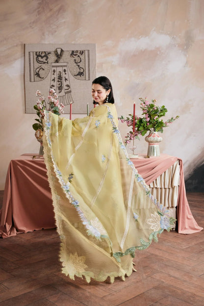 Dhanak-3PC Embroidered Shirt with Khadi Net Embroidered Dupatta - 6453