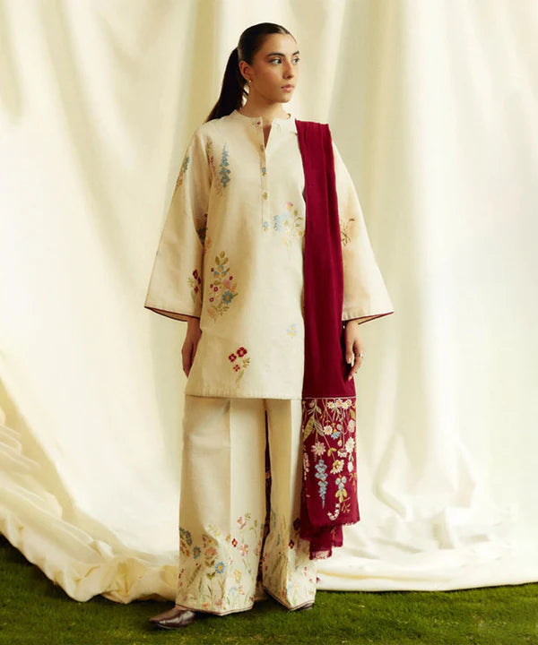 A+ 3PCS ZARA SHAHJAHAN Dhanak Embroidered Shirt With Embroidered Shawl Winter Collection ULM-278