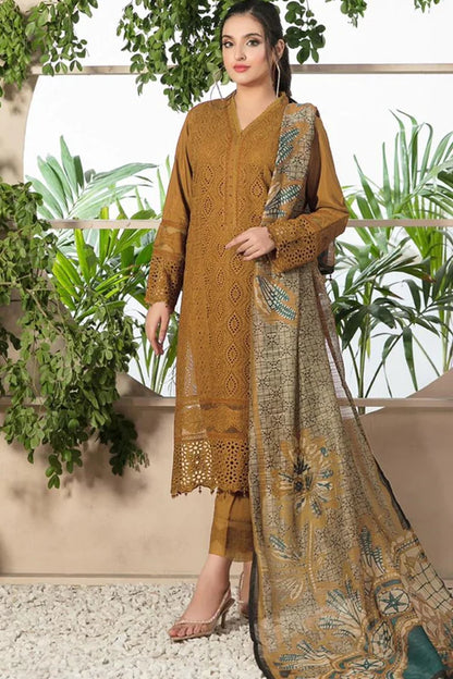 A+ 3PCS Chikenkari  Mustard Embroidered Lawn Collection BULM-1066
