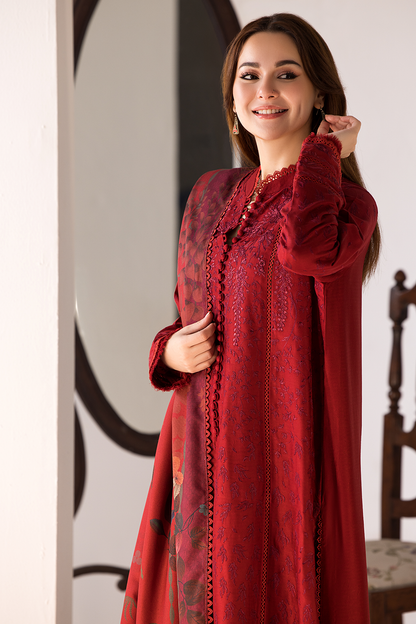 Dhanak-3PC Embroidered Shirt with Digital Printed Wool Shawl - 688