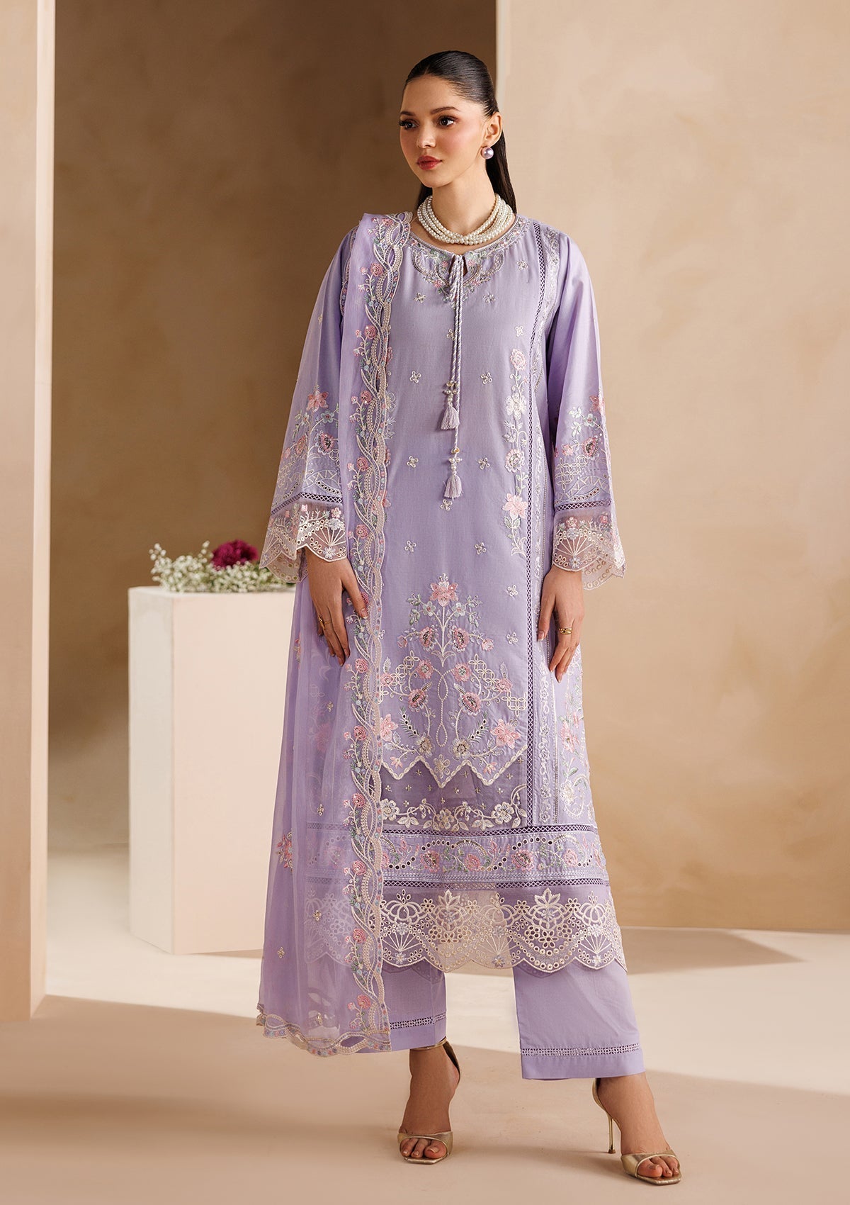 Dhanak-3PC Embroidered Shirt with Chiffon Embroidered Dupatta - 6407