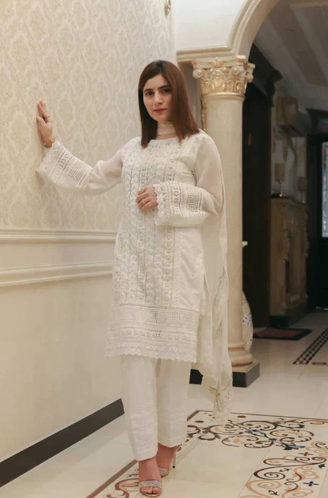 A+ 3 PCS Chikenkari White Embroidered  Lawn Collection BULM-D-750