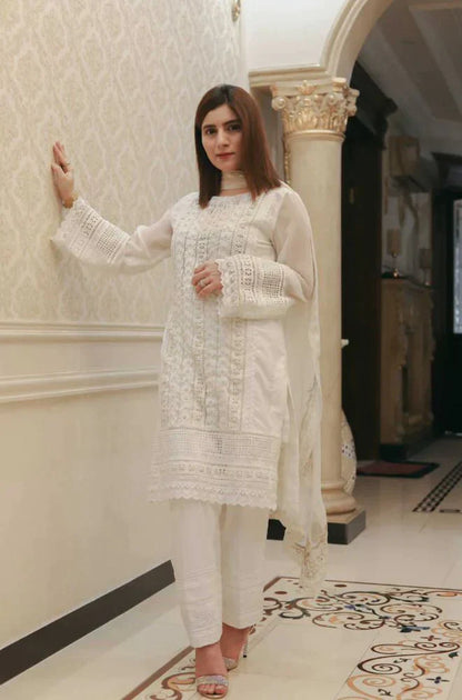 A+ 3 PCS Chikenkari White Embroidered  Lawn Collection BULM-D-750
