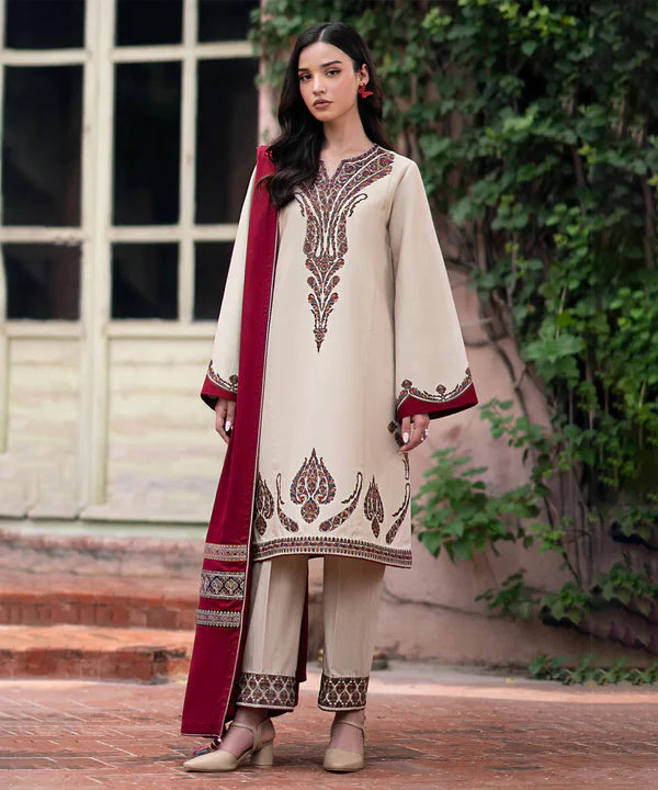 3PCS Jazmin Dhanak Embroidered With Digitak Printed Wool Shawl Winter Collection D-99