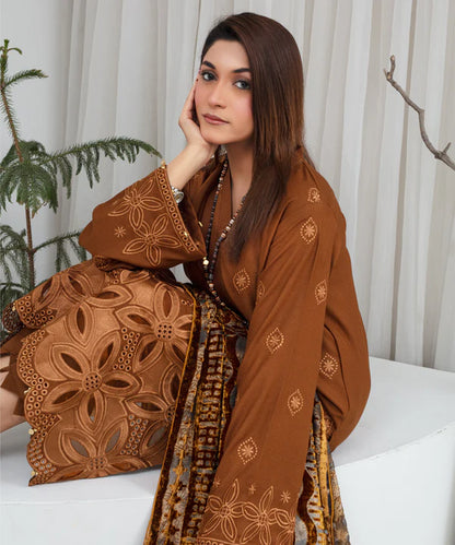 3PCS CREATION Dhanak Chikankari Embroidered Shirt With Velvet Plachi Shawl Winter Collection ULM- 2109
