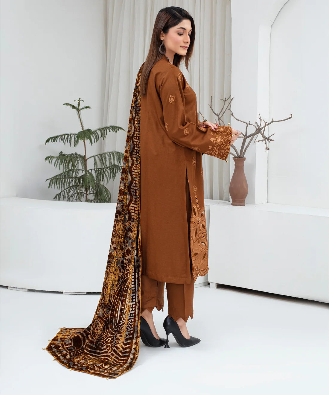 3PCS CREATION Dhanak Chikankari Embroidered Shirt With Velvet Plachi Shawl Winter Collection ULM- 2109