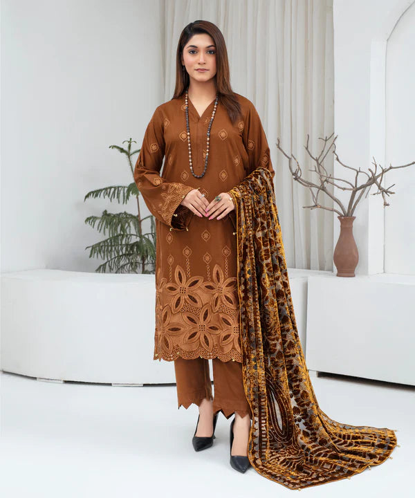3PCS CREATION Dhanak Chikankari Embroidered Shirt With Velvet Plachi Shawl Winter Collection ULM- 2109