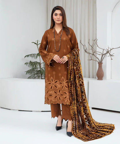 3PCS CREATION Dhanak Chikankari Embroidered Shirt With Velvet Plachi Shawl Winter Collection ULM- 2109